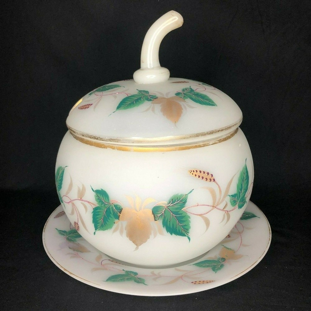Vintage Opaline Glass Hand Painted Bowl Lid Under-plate Compote Centerpiece